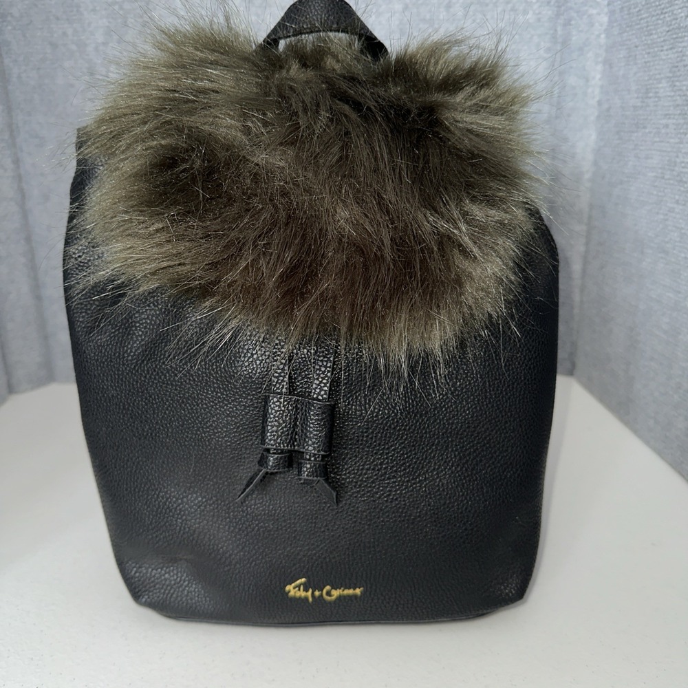 Foley & Corinna Black Leather Backpack Faux Fur With Dust Bag